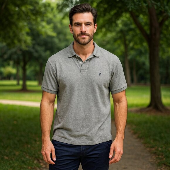 RALPH LAUREN Classic Fit Men XL Polo Shirt Gray Short Sleeve Preppy Athletic Y2K - Picture 1 of 8